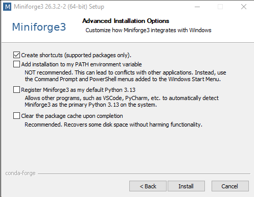 Advanced installation options page